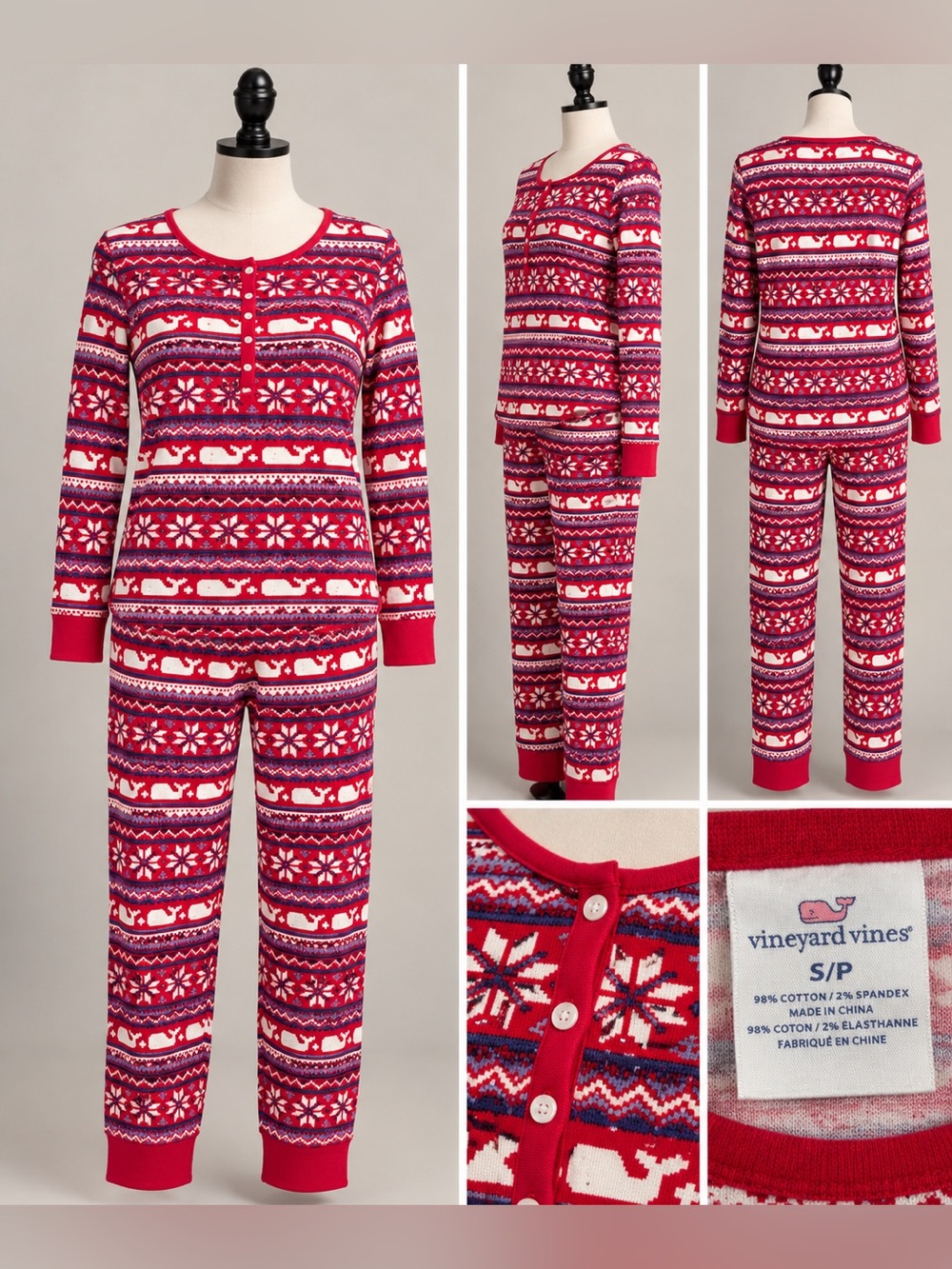 Vineyard Vines Women’s S/P Christmas Fair Isle Pajama Set Red Blue Whale Print